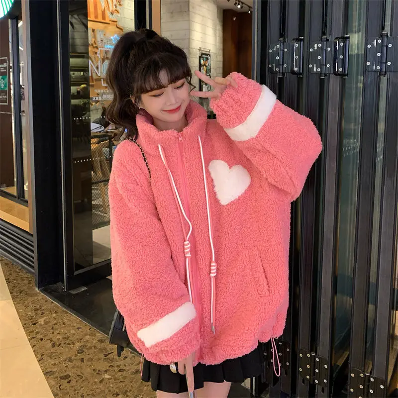 Women Jacket Lamb Plush Thickened Love Stand-up Collar Jacket Women Loose Korean Winter New Student Zipper Plus Fleece Top Tide