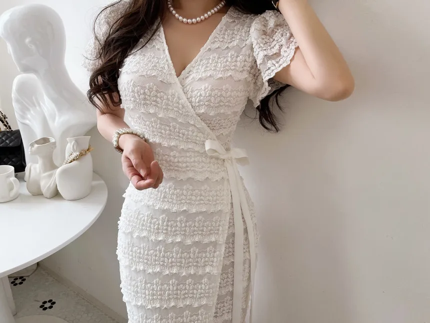 New Korean Fashion V-neck Lace Dress Women Summer Slim Short Sleeve Lace Up Wrapped Mesh Ruffles Long Dresses Vestidos Robe