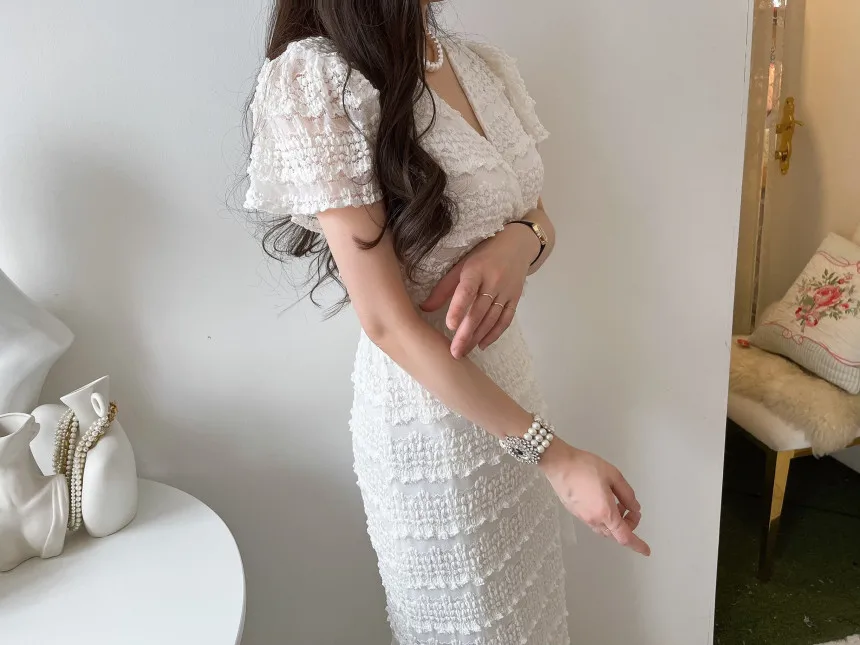 New Korean Fashion V-neck Lace Dress Women Summer Slim Short Sleeve Lace Up Wrapped Mesh Ruffles Long Dresses Vestidos Robe