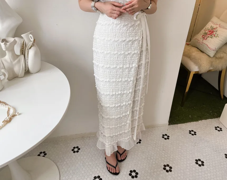 New Korean Fashion V-neck Lace Dress Women Summer Slim Short Sleeve Lace Up Wrapped Mesh Ruffles Long Dresses Vestidos Robe