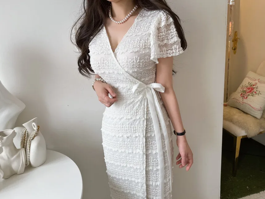 New Korean Fashion V-neck Lace Dress Women Summer Slim Short Sleeve Lace Up Wrapped Mesh Ruffles Long Dresses Vestidos Robe