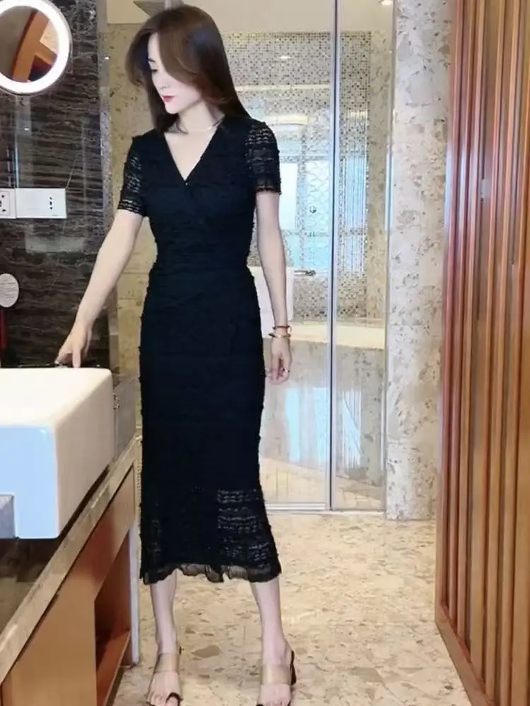 New Korean Fashion V-neck Lace Dress Women Summer Slim Short Sleeve Lace Up Wrapped Mesh Ruffles Long Dresses Vestidos Robe