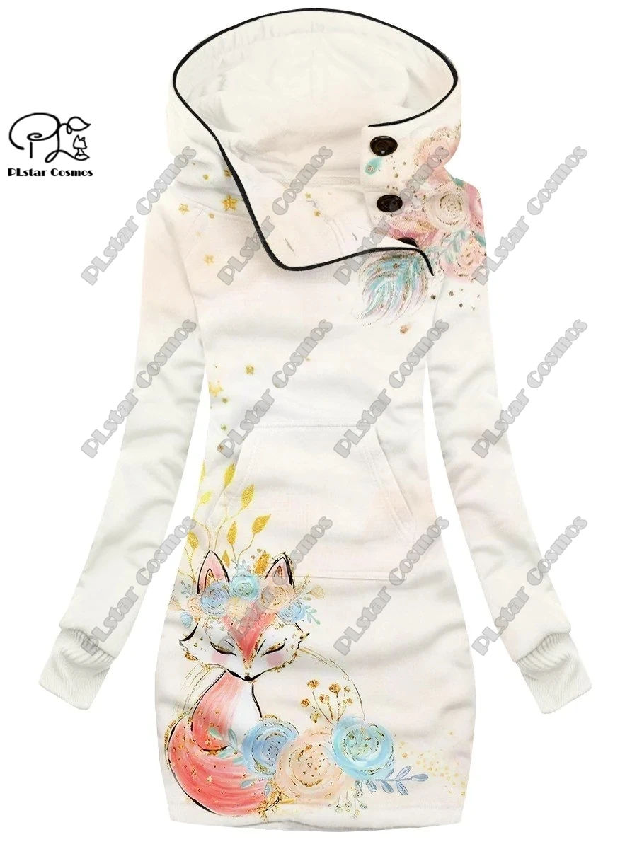 3D printing Christmas snowflake animal series cute fox pattern special collar women's long sweater dress casual and warm