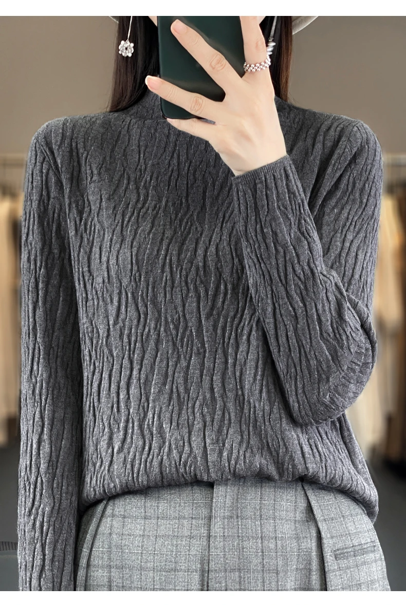 Women Autumn Winter Pure Wool Sweater Half-high Collar Irregular Pit Strips Pullover Female Thickened Casual Knitted Basis Top