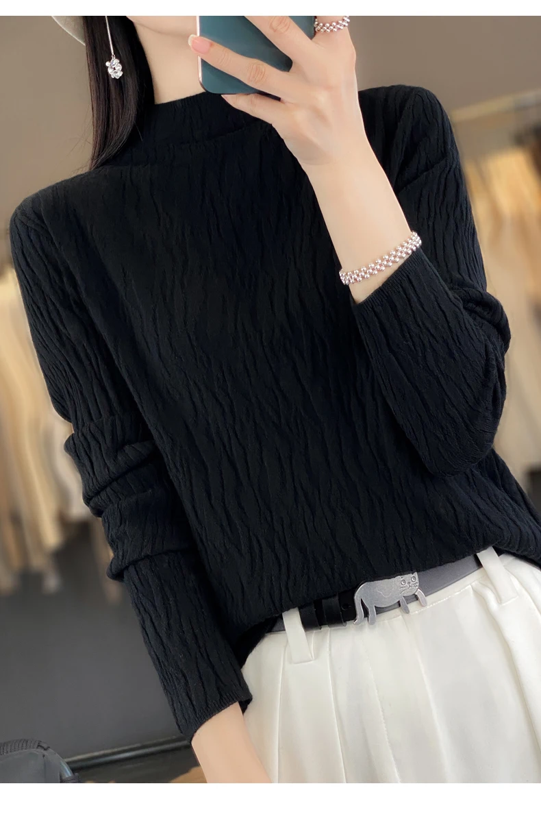 Women Autumn Winter Pure Wool Sweater Half-high Collar Irregular Pit Strips Pullover Female Thickened Casual Knitted Basis Top