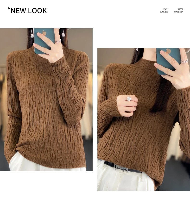 Women Autumn Winter Pure Wool Sweater Half-high Collar Irregular Pit Strips Pullover Female Thickened Casual Knitted Basis Top