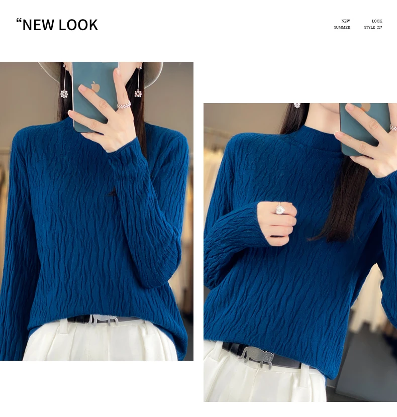 Women Autumn Winter Pure Wool Sweater Half-high Collar Irregular Pit Strips Pullover Female Thickened Casual Knitted Basis Top