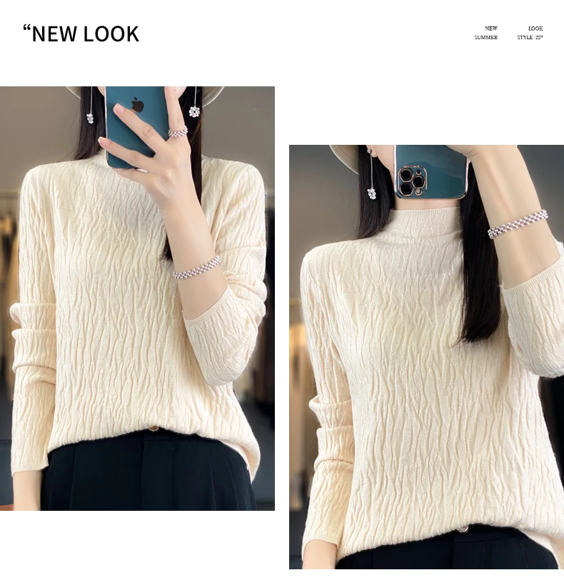 Women Autumn Winter Pure Wool Sweater Half-high Collar Irregular Pit Strips Pullover Female Thickened Casual Knitted Basis Top