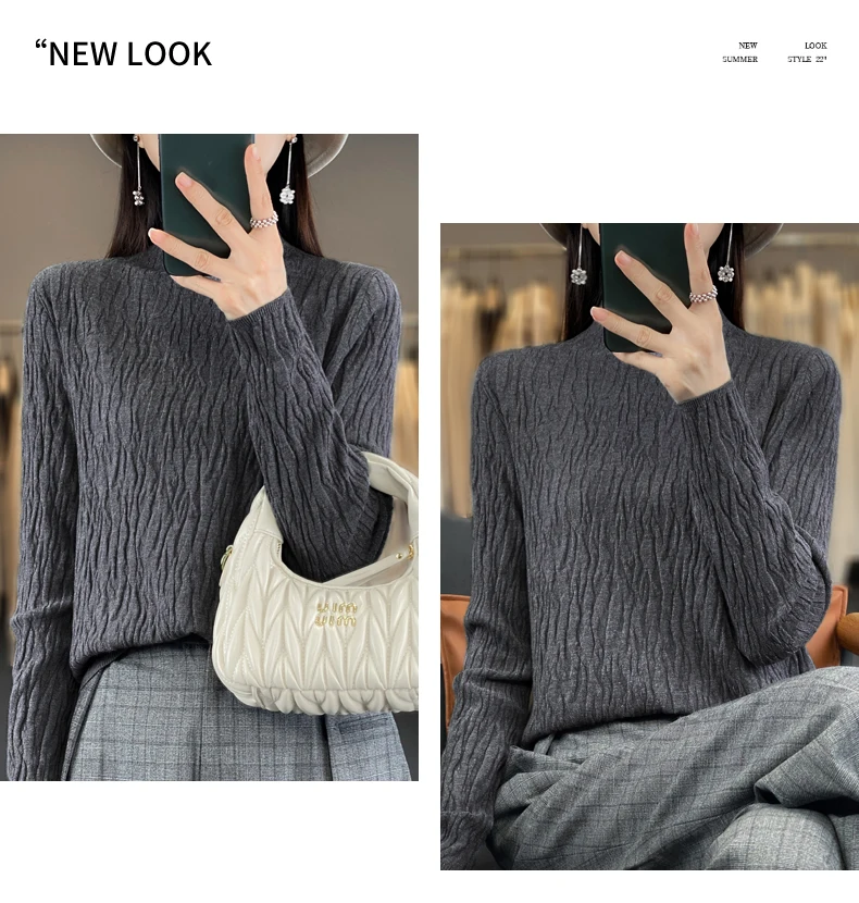 Women Autumn Winter Pure Wool Sweater Half-high Collar Irregular Pit Strips Pullover Female Thickened Casual Knitted Basis Top