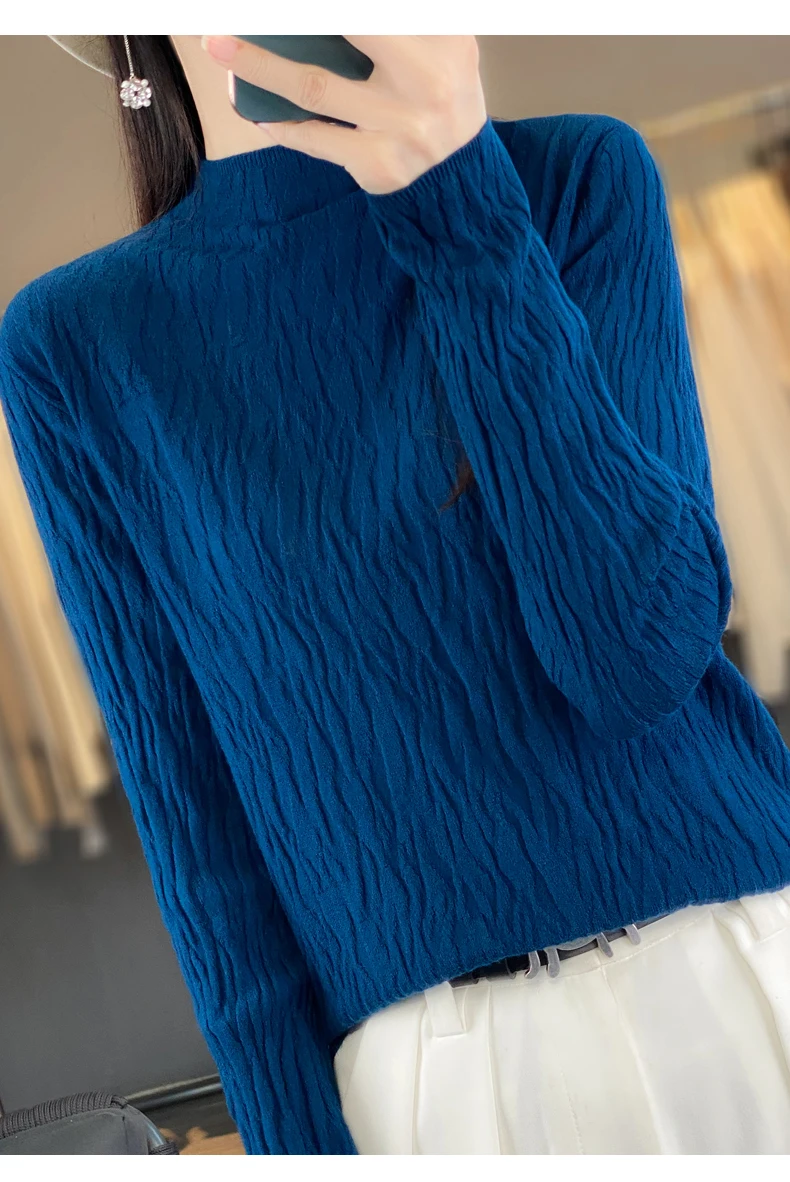 Women Autumn Winter Pure Wool Sweater Half-high Collar Irregular Pit Strips Pullover Female Thickened Casual Knitted Basis Top
