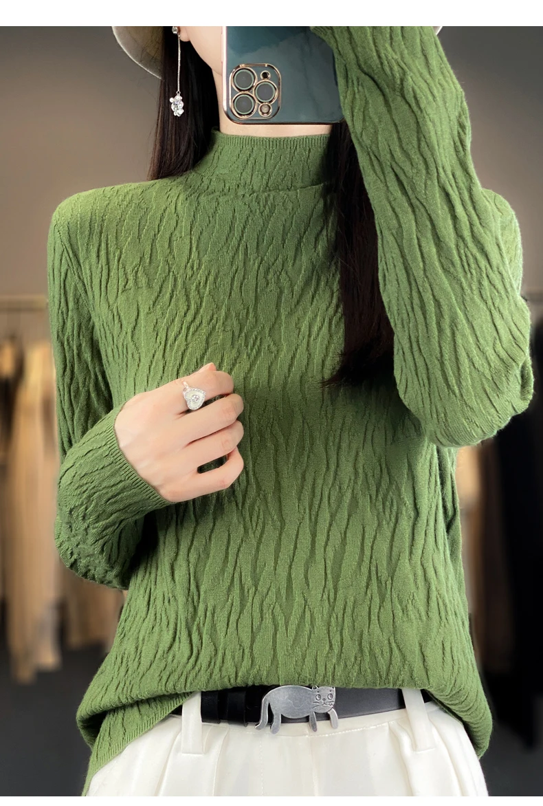 Women Autumn Winter Pure Wool Sweater Half-high Collar Irregular Pit Strips Pullover Female Thickened Casual Knitted Basis Top