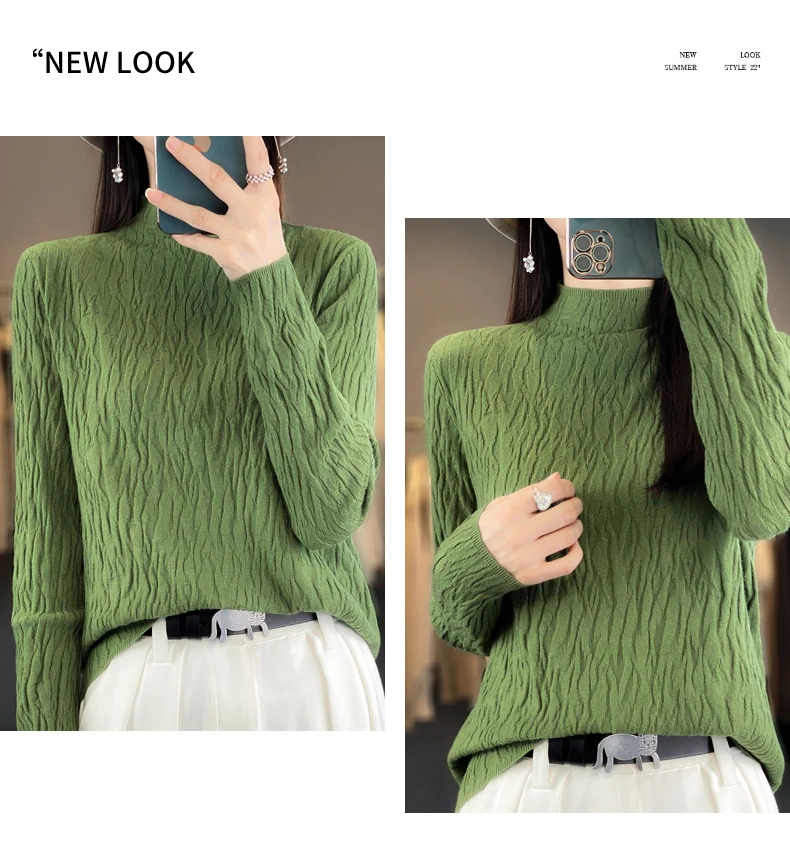 Women Autumn Winter Pure Wool Sweater Half-high Collar Irregular Pit Strips Pullover Female Thickened Casual Knitted Basis Top