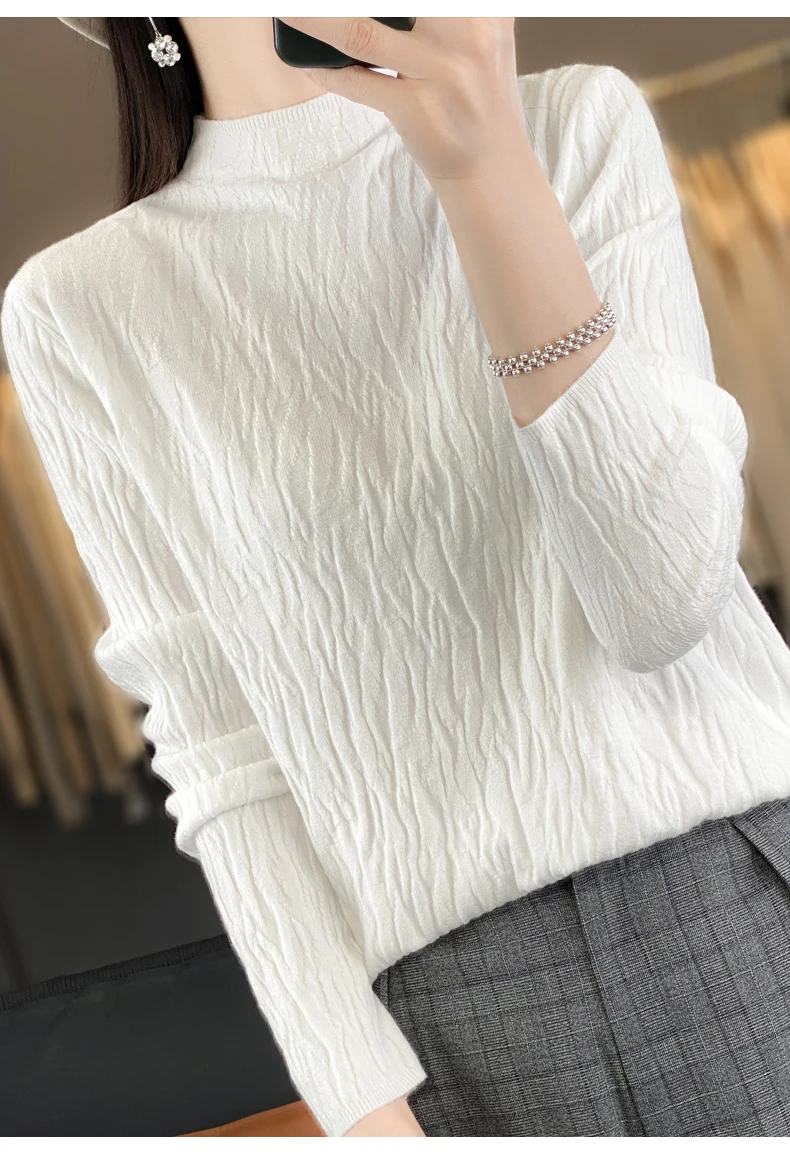 Women Autumn Winter Pure Wool Sweater Half-high Collar Irregular Pit Strips Pullover Female Thickened Casual Knitted Basis Top