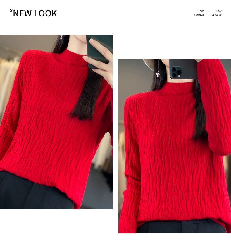 Women Autumn Winter Pure Wool Sweater Half-high Collar Irregular Pit Strips Pullover Female Thickened Casual Knitted Basis Top