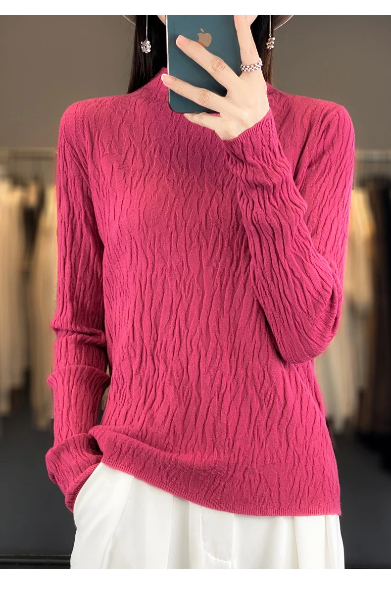 Women Autumn Winter Pure Wool Sweater Half-high Collar Irregular Pit Strips Pullover Female Thickened Casual Knitted Basis Top