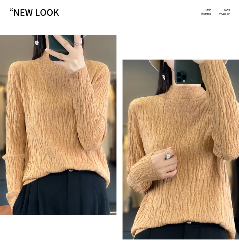 Women Autumn Winter Pure Wool Sweater Half-high Collar Irregular Pit Strips Pullover Female Thickened Casual Knitted Basis Top