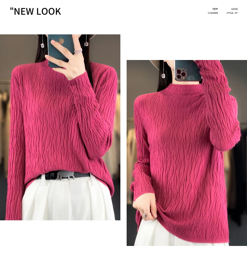 Women Autumn Winter Pure Wool Sweater Half-high Collar Irregular Pit Strips Pullover Female Thickened Casual Knitted Basis Top
