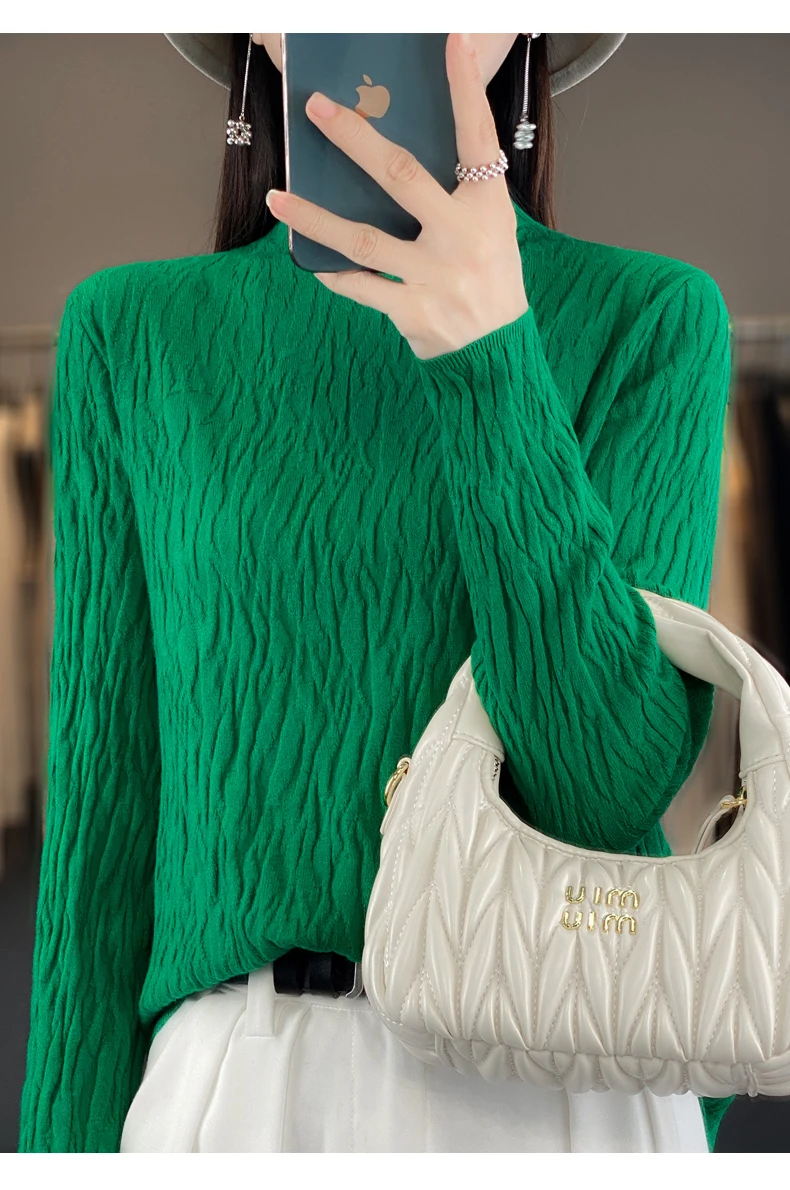 Women Autumn Winter Pure Wool Sweater Half-high Collar Irregular Pit Strips Pullover Female Thickened Casual Knitted Basis Top
