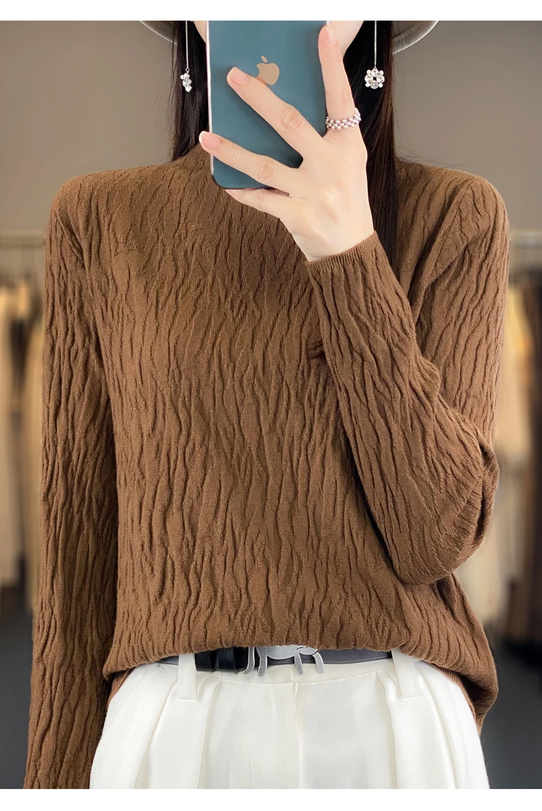 Women Autumn Winter Pure Wool Sweater Half-high Collar Irregular Pit Strips Pullover Female Thickened Casual Knitted Basis Top