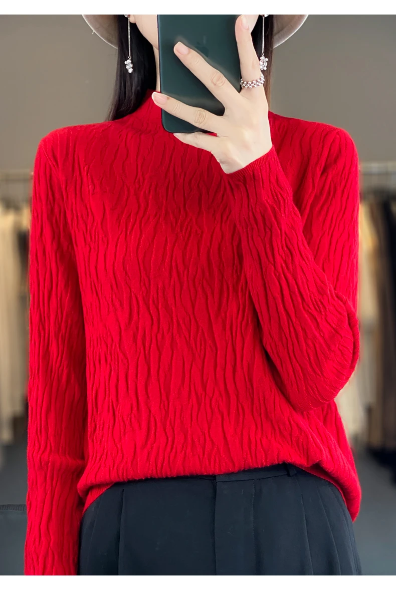 Women Autumn Winter Pure Wool Sweater Half-high Collar Irregular Pit Strips Pullover Female Thickened Casual Knitted Basis Top