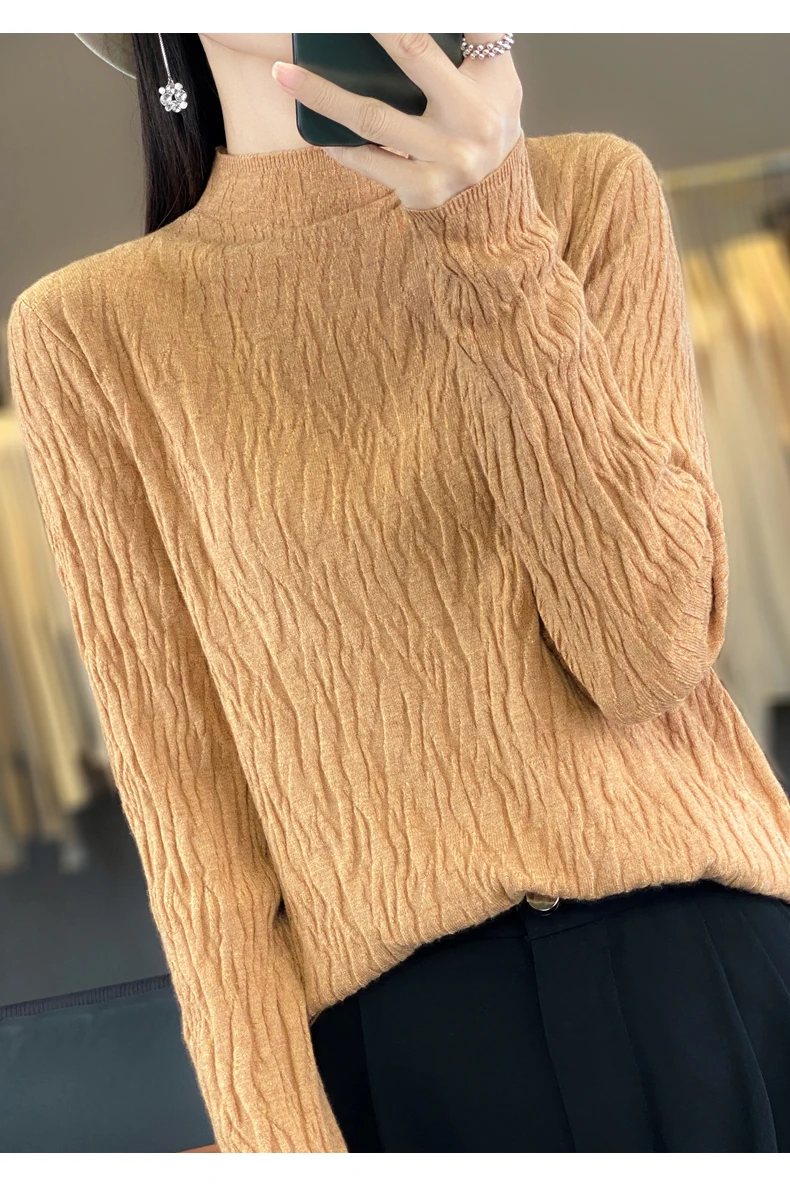 Women Autumn Winter Pure Wool Sweater Half-high Collar Irregular Pit Strips Pullover Female Thickened Casual Knitted Basis Top