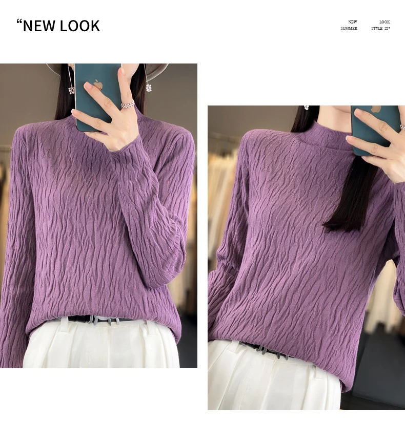 Women Autumn Winter Pure Wool Sweater Half-high Collar Irregular Pit Strips Pullover Female Thickened Casual Knitted Basis Top