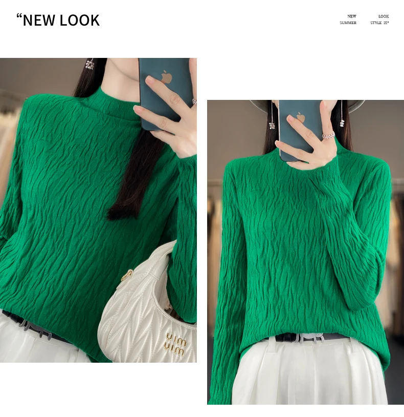 Women Autumn Winter Pure Wool Sweater Half-high Collar Irregular Pit Strips Pullover Female Thickened Casual Knitted Basis Top