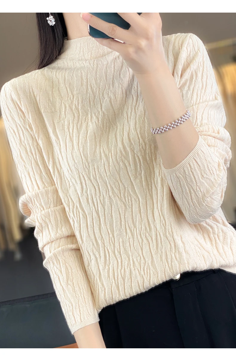 Women Autumn Winter Pure Wool Sweater Half-high Collar Irregular Pit Strips Pullover Female Thickened Casual Knitted Basis Top