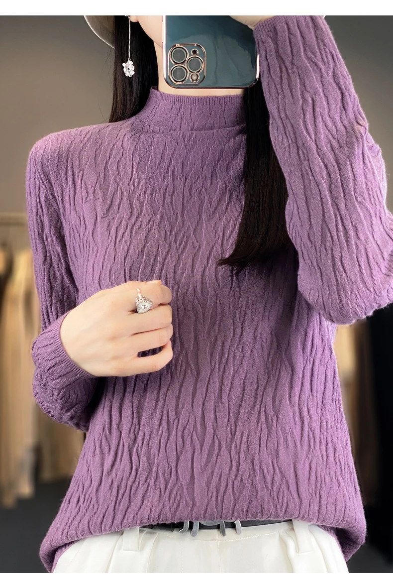 Women Autumn Winter Pure Wool Sweater Half-high Collar Irregular Pit Strips Pullover Female Thickened Casual Knitted Basis Top