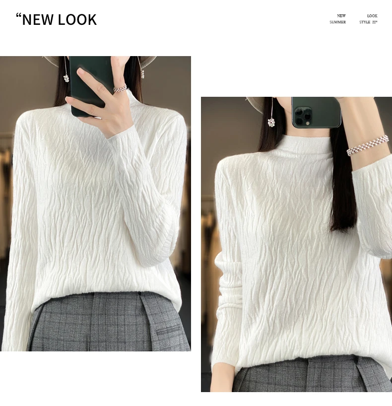 Women Autumn Winter Pure Wool Sweater Half-high Collar Irregular Pit Strips Pullover Female Thickened Casual Knitted Basis Top