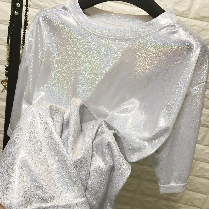 New summer retro style stylish bright silk woman tops shiny loose short sleeve t-shirt sexy club aesthetic harajuku women tshirt