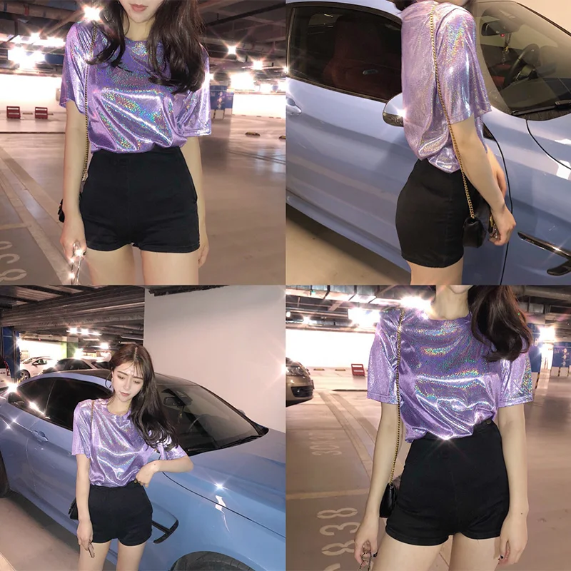 New summer retro style stylish bright silk woman tops shiny loose short sleeve t-shirt sexy club aesthetic harajuku women tshirt