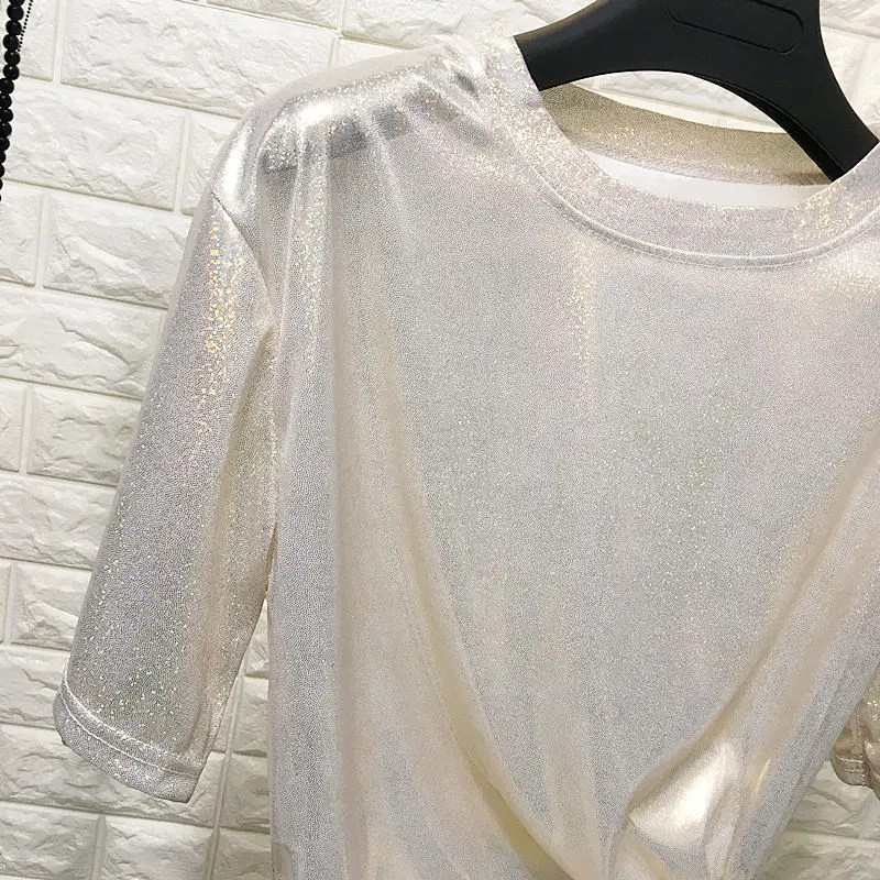 New summer retro style stylish bright silk woman tops shiny loose short sleeve t-shirt sexy club aesthetic harajuku women tshirt