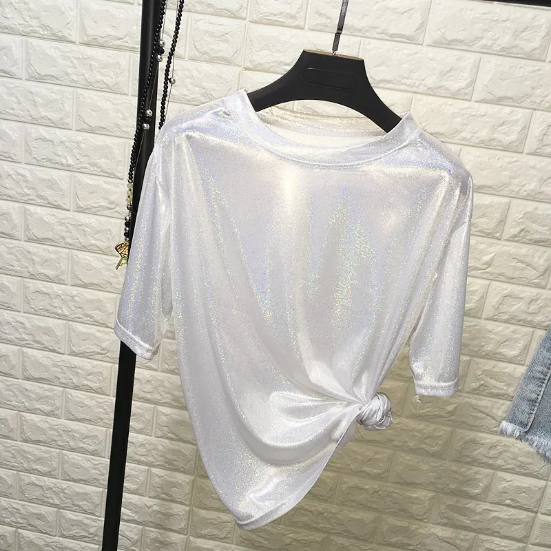 New summer retro style stylish bright silk woman tops shiny loose short sleeve t-shirt sexy club aesthetic harajuku women tshirt
