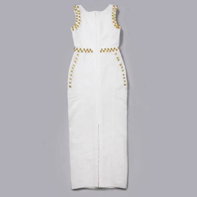 2023 New Women Sexy Diamond Embellished Bodycon Long Bandage Dress Elegant Rayon Backless Sleeveless Party Dress