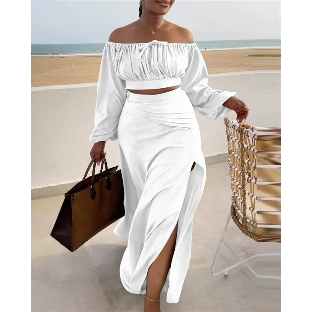 Women Ruched Lantern Long Sleeve Off Shoulder Crop Top & High Waist Side Slit Maxi Skirt Set Solid Two Pieces Dress Set Outfits