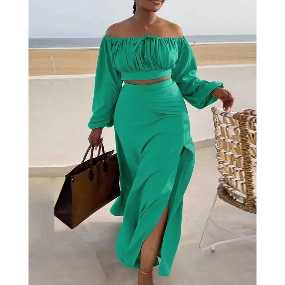 Women Ruched Lantern Long Sleeve Off Shoulder Crop Top & High Waist Side Slit Maxi Skirt Set Solid Two Pieces Dress Set Outfits