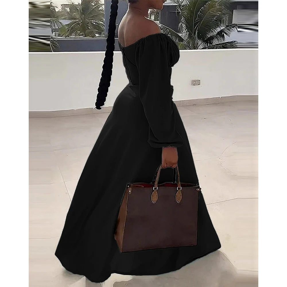 Women Ruched Lantern Long Sleeve Off Shoulder Crop Top & High Waist Side Slit Maxi Skirt Set Solid Two Pieces Dress Set Outfits
