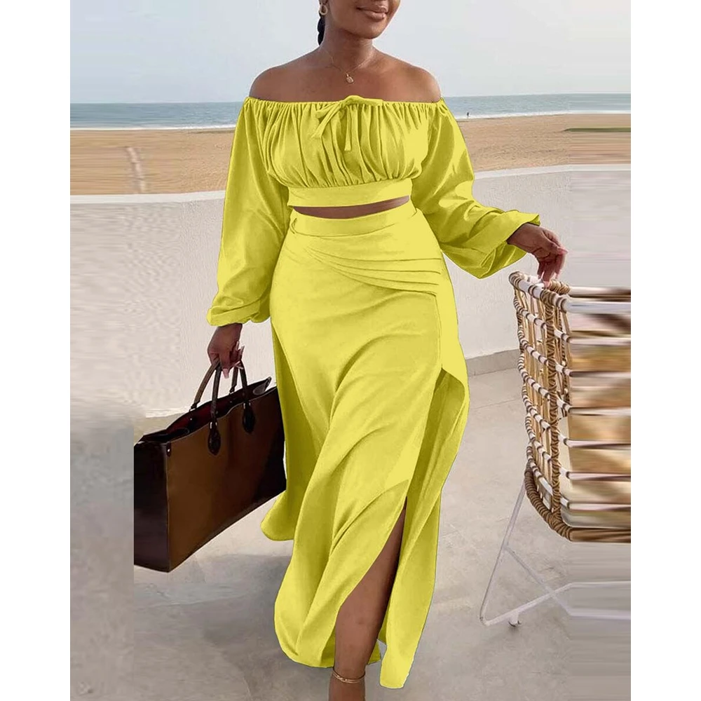Women Ruched Lantern Long Sleeve Off Shoulder Crop Top & High Waist Side Slit Maxi Skirt Set Solid Two Pieces Dress Set Outfits