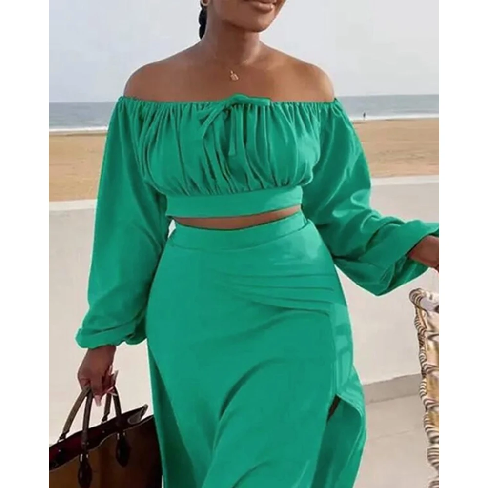 Women Ruched Lantern Long Sleeve Off Shoulder Crop Top & High Waist Side Slit Maxi Skirt Set Solid Two Pieces Dress Set Outfits