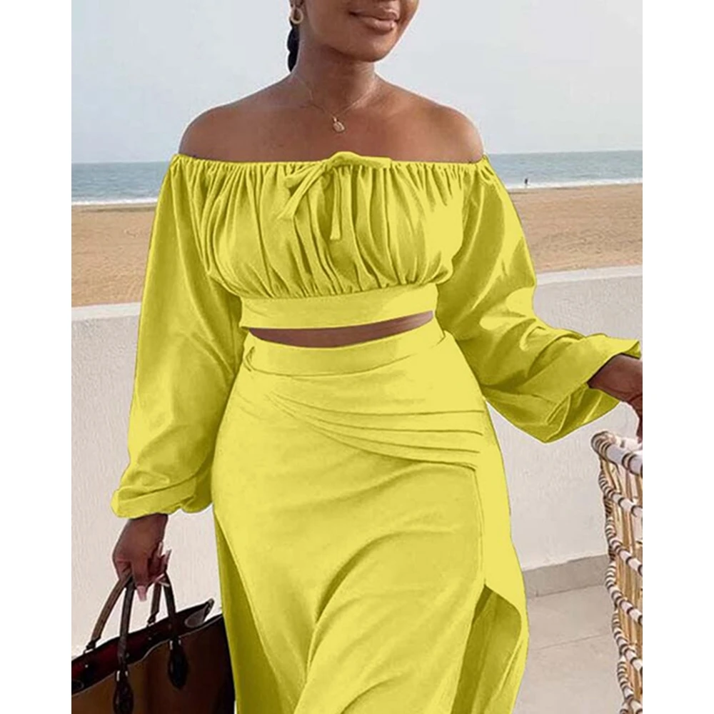 Women Ruched Lantern Long Sleeve Off Shoulder Crop Top & High Waist Side Slit Maxi Skirt Set Solid Two Pieces Dress Set Outfits
