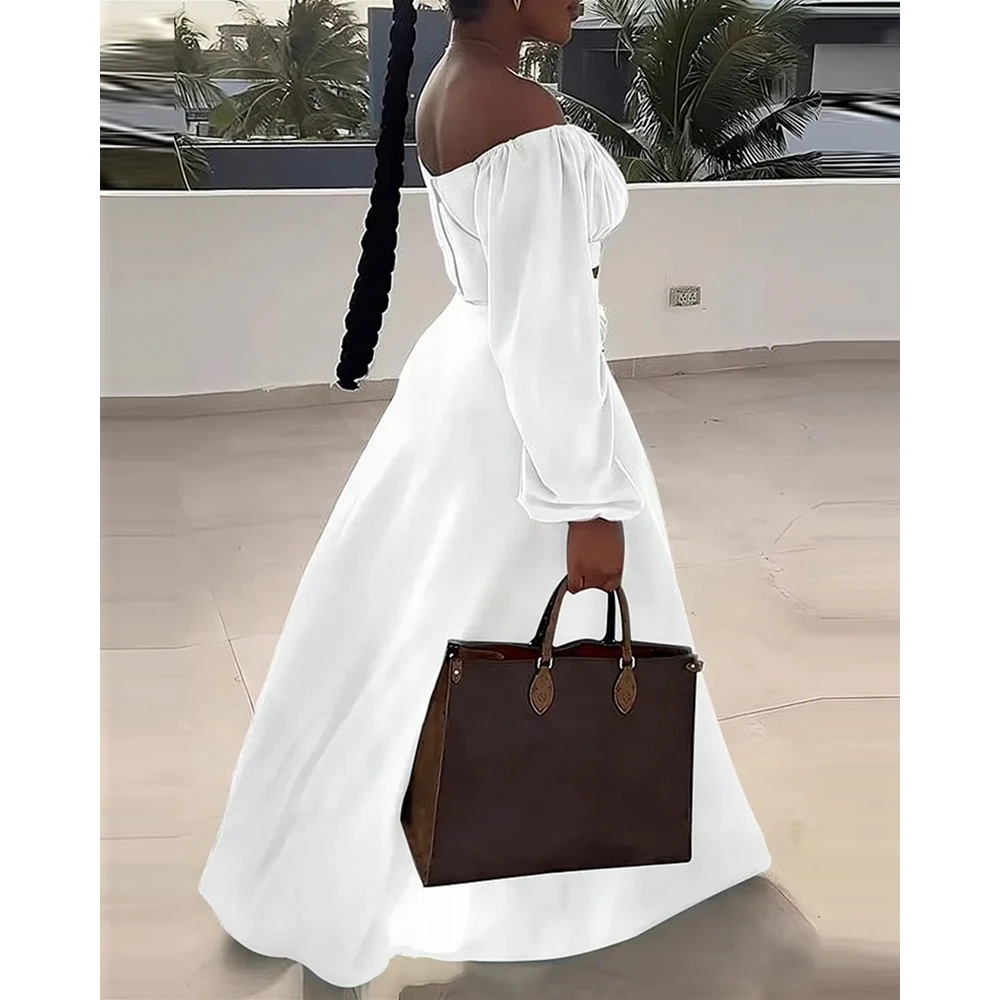 Women Ruched Lantern Long Sleeve Off Shoulder Crop Top & High Waist Side Slit Maxi Skirt Set Solid Two Pieces Dress Set Outfits