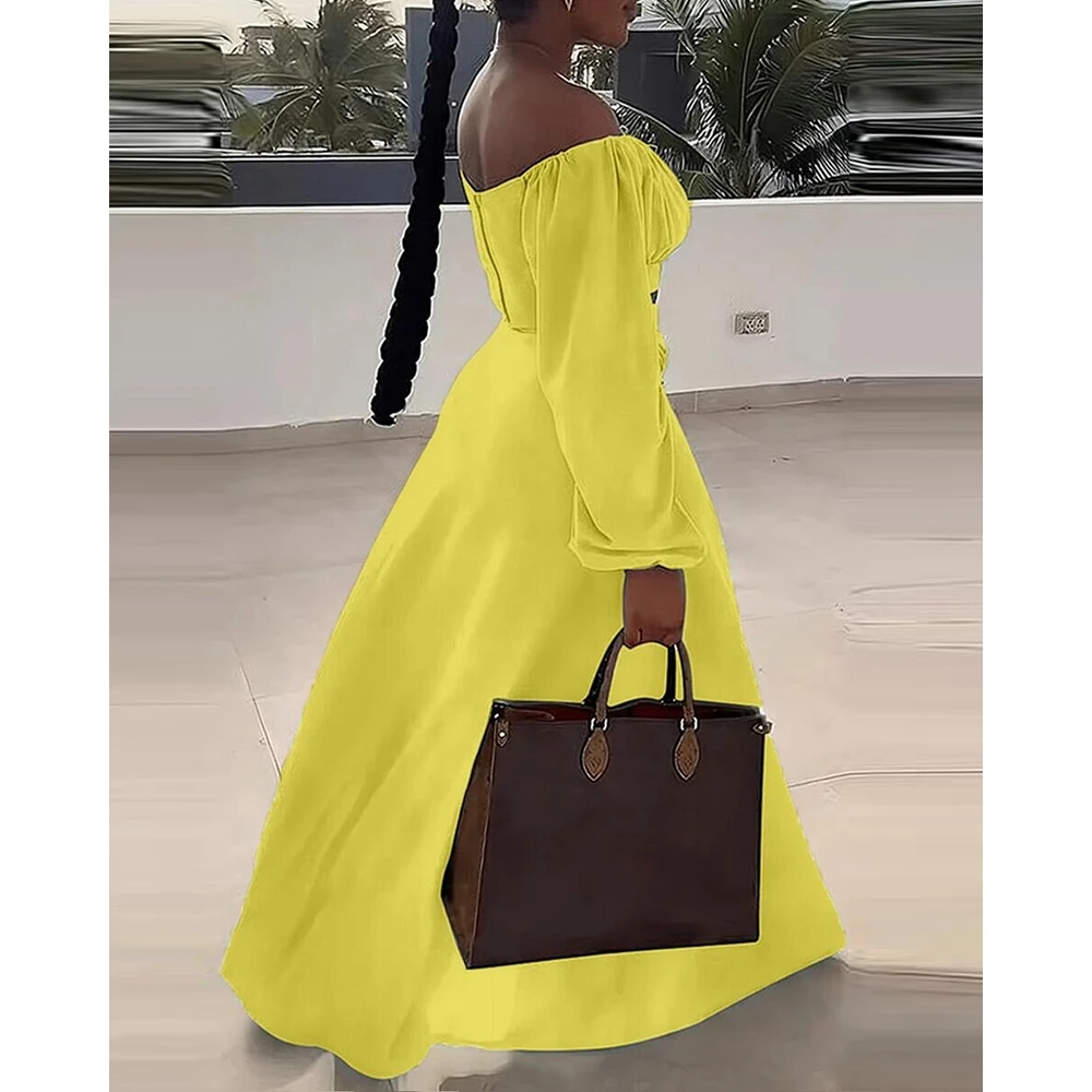 Women Ruched Lantern Long Sleeve Off Shoulder Crop Top & High Waist Side Slit Maxi Skirt Set Solid Two Pieces Dress Set Outfits