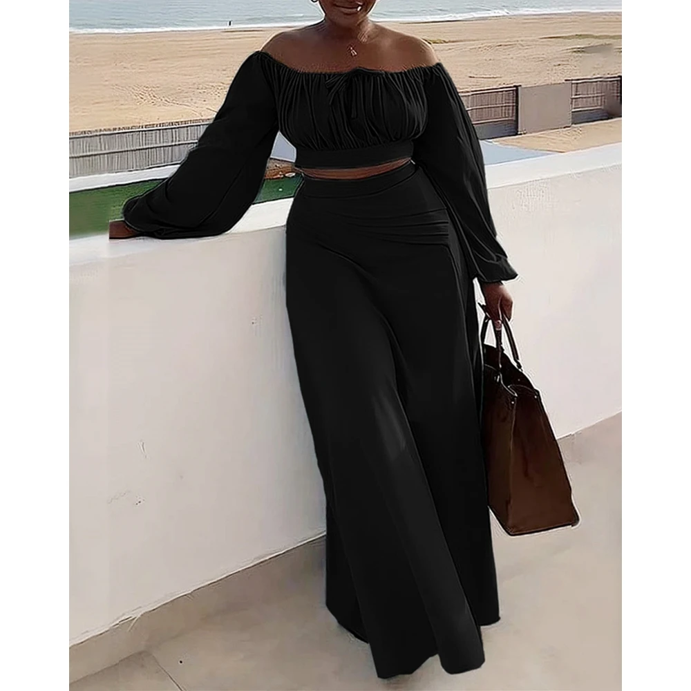 Women Ruched Lantern Long Sleeve Off Shoulder Crop Top & High Waist Side Slit Maxi Skirt Set Solid Two Pieces Dress Set Outfits