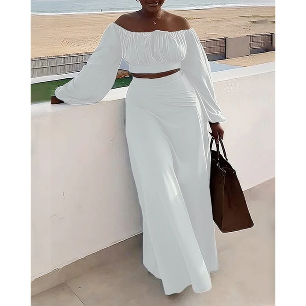 Women Ruched Lantern Long Sleeve Off Shoulder Crop Top & High Waist Side Slit Maxi Skirt Set Solid Two Pieces Dress Set Outfits