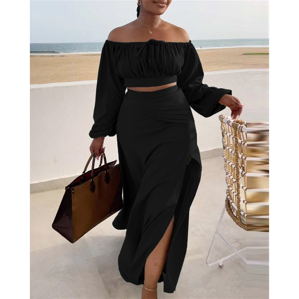 Women Ruched Lantern Long Sleeve Off Shoulder Crop Top & High Waist Side Slit Maxi Skirt Set Solid Two Pieces Dress Set Outfits