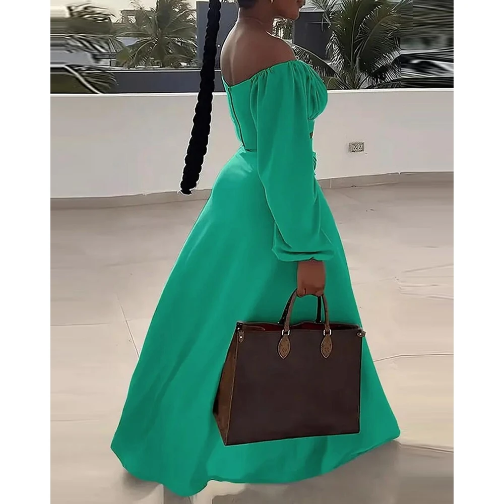Women Ruched Lantern Long Sleeve Off Shoulder Crop Top & High Waist Side Slit Maxi Skirt Set Solid Two Pieces Dress Set Outfits