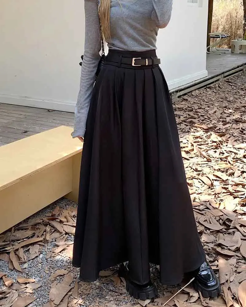 Elegant Belt Ankle Length Skirts Women Autumn Korean High Waist Solid A Line Skirts Fashion Chic All Match Pleated Long Skirts