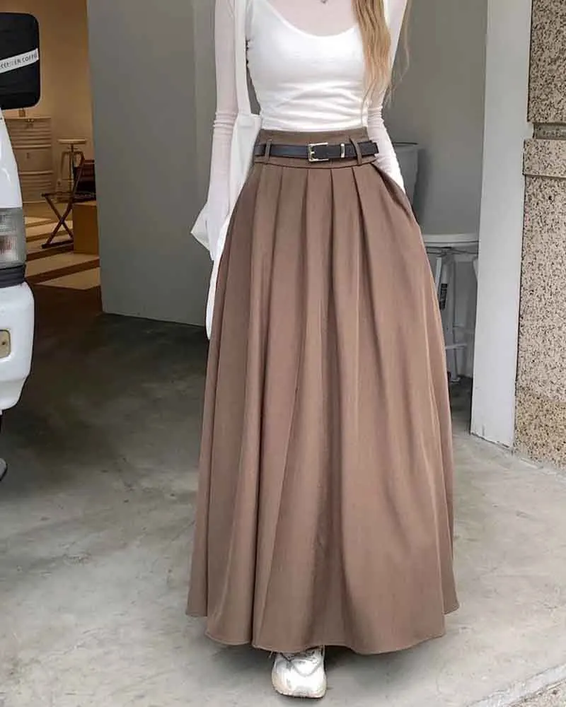 Elegant Belt Ankle Length Skirts Women Autumn Korean High Waist Solid A Line Skirts Fashion Chic All Match Pleated Long Skirts