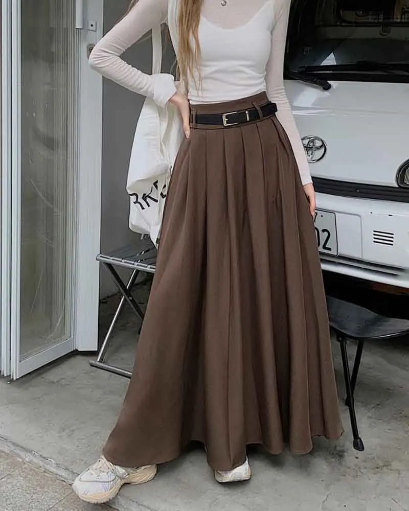 Elegant Belt Ankle Length Skirts Women Autumn Korean High Waist Solid A Line Skirts Fashion Chic All Match Pleated Long Skirts